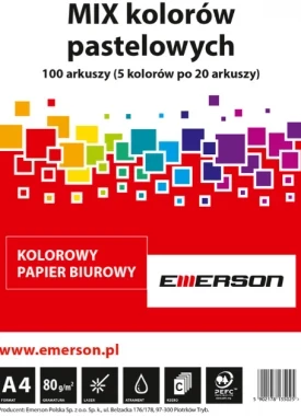 Papier ksero Emerson, A4, 80g/m2, 100 arkuszy, mix kolorów pastelowych 5x20 ark.